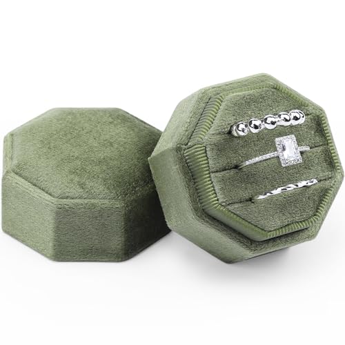 WantGor Velvet Ring Box, 3 Slots Jewelry Ring Gift Box Vintage Ring Display Holder Case for Wedding Ceremony Proposal Engagement (Olive Green) - color: Olive Green