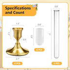 6 Pack 7.9" Glass Bud Vase for Candlesticks & Brass Gold Taper Candle Holder Set, Flower Vase with Silicon Rubber Case Fits Candlestick Size 20-22mm for Tablescapes, Weddings, Home Decor