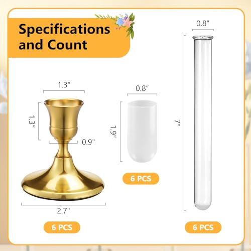 6 Pack 7.9" Glass Bud Vase for Candlesticks & Brass Gold Taper Candle Holder Set, Flower Vase with Silicon Rubber Case Fits Candlestick Size 20-22mm for Tablescapes, Weddings, Home Decor