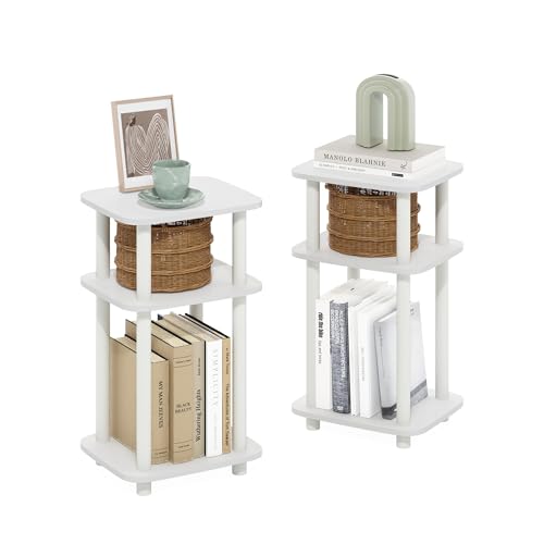 Furinno JUST Side Table Set of 2, 3-Tier Turn-N-Tube End Table with Open Shelf, Round Curve Corner Night Stand, Bedside Table, Easy Assembly, for Living Room, Bedroom, White - color: White/White, size: 2-Pack, Plastic Frame, 3-Tier