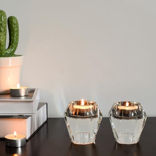 Crystal Candle Holders Pack of 2, Reversible Clear Tealight or Taper Candlesticks, Table Centerpiece Home Decor for Wedding, Dining, Party, Luxury Gift Set (Transparent) - color: Clear