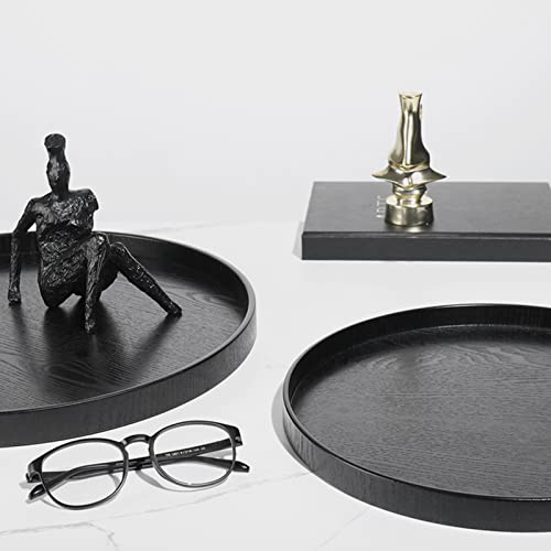 Round Solid Wood Serving Tray Extra Large Tea Coffee Snack Food Meals Serving Plate Non-Slip Kitchen Party Bar Server Ottoman Tray Breakfast Tray with Raised Edges (15inch/37.5cm) Black - size: 15"