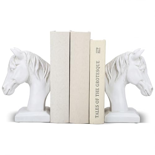 Set of 2 Horse Head Bookends Antique Heavy Duty Book Ends Resin Decorative Art Bookends for Derby Day Vintage Home Office Desk Decoration Horse Lovers Gifts (White) - color: White
