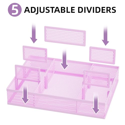 Marbrasse 2 Pack Desk Drawer Organizer, Mesh Drawer Organizer Tray with 8 Adjustable Compartments, Desk Organizers and Accessories, 5 Dividers Drawer for Office Supplies, Makeup & Vanity (Purple) - color: Purple