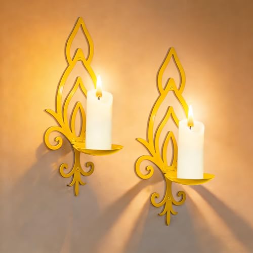 Wall Candle Sconces Set of 2, Vintage Flower-Shaped Metal Candle Holders for Pillar, Tealight, and LED Candles, Rustic Decorative Wall Decor for Living Room Dining Room (Golden Yellow) - color: Golden Yellow Flower-shaped