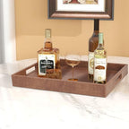 HofferRuffer Rectangle Serving Tray with Hole Handles for Coffee Table, Breakfast, Tea, Food, Butler - Countertop, Kitchen, Vanity Serve Tray, 16.2 x 12.2 x 2 inches, Faux Leather (Antique Brown) - color: Antique Brown, size: 16.2" x 12.2" x 2"