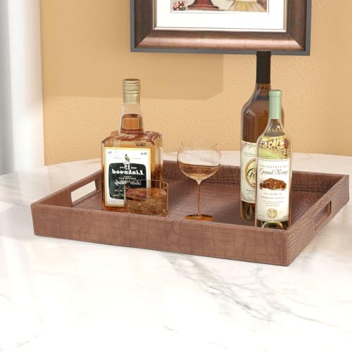 HofferRuffer Rectangle Serving Tray with Hole Handles for Coffee Table, Breakfast, Tea, Food, Butler - Countertop, Kitchen, Vanity Serve Tray, 16.2 x 12.2 x 2 inches, Faux Leather (Antique Brown) - color: Antique Brown, size: 16.2" x 12.2" x 2"