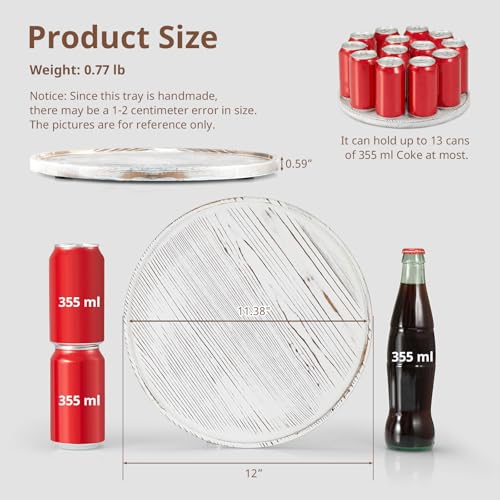 12 Inch Wood Round Tray, White Washed Wooden Decorative Serving Coffee Table Tray Centerpiece Candle Holder for Farmhouse Kitchen Dining Room Home Decor Coffee Table Decor and Accessories - color: White Washed, size: 12"