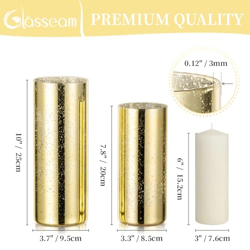 Glasseam Mercury Gold Candle Holders, Set of 6 Glass Hurricane Candle Holder, Glitter Pillar Candle Holder for Table, Modern Cylinder Vases for Centerpieces Wedding Dining Christmas Decorations