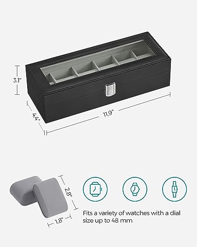 SONGMICS Watch Box, 6-Slot Watch Case Organizer with Large Glass Lid, Removable Pillows, Gift for Loved Ones, Black Synthetic Leather, Greenish Gray Lining UJWB06BK - color: Black + Gray, size: 6 Slot