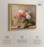 Art Remedy Cat Floral Vase Perfume Canvas Fashion Pet Art, Gold Frame, 40" x 40" - color: Gold Frame, size: 41"L x 41"W