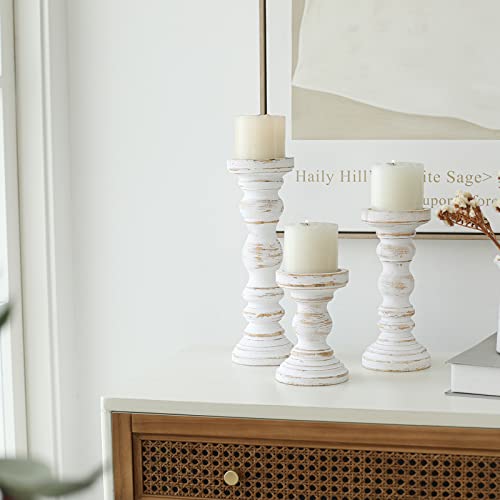 SWALLOWLIVING Rustic Farmhouse Wood Pillar Candle Holder Set of 3 for Candlestick, White - color: White