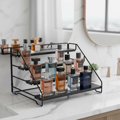 Cologne Organizer for Men, 4 Tier Perfume Stand, Metal Display Riser Stand, Dresser Organizer with Anti-Slip Washers,Display Stand Shelf for Fragrance, Skincare, Figurine, Dessert