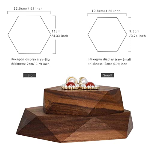 GemeShou 2pcs Wooden Jewelry display tray, Hexagon jewelry display riser, Jewelry retail shop photography props【Walnut Hexagon tray-2pcs】