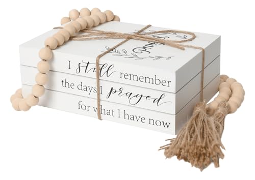 Decorative Books for Home Decor, Faux Books for Decoration, Rustic Farmhouse Decor, Fake Books with 52in Wood Beads Garland, Book Decor for Living Room Coffee Table (Prayed) - color: Prayed