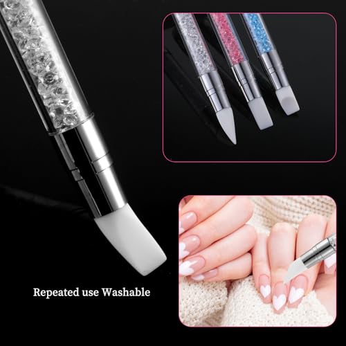 3 Pcs Nail Art Sculpture Pen, Dual Tipped Silicone Nail Tools, Silicone Head Acrylic Handle Nail Art Brushes, Rhinestone Nail Polish Carving Pen, Nail Art Tools for Home Salon(White, Pink, Blue) - color: White, Pink, Blue