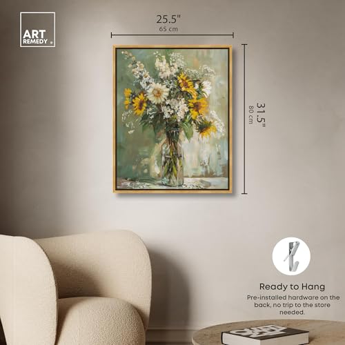 Art Remedy Sunflowers In A Glass Vase Canvas Vintage Farmhouse Wall Art, Gold Frame, 24" x 30" - color: Gold Frame, size: 31"L x 25"W