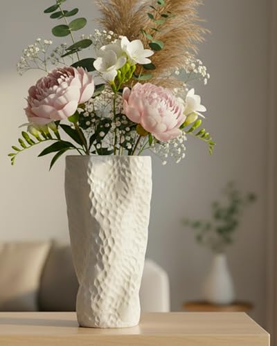 White Matte Ceramic Vase, 9.9 Inch Organic Nature Trunk Shape, OOSTONEE Modern Wabi Sabi Unique Flower Vase for Home, Living Room, Bedroom, Dining Table, Centerpiece Decor - color: White