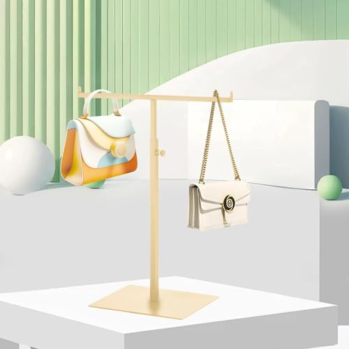 Purse Display Stand T Shaped, Countertop Jewelry/Scarf/Handbag T-Bar Display Stand, Tabletop Double Hook Hanging Stands for Long Necklaces, Metal with Adjustable Height - Gloden - color: Golden