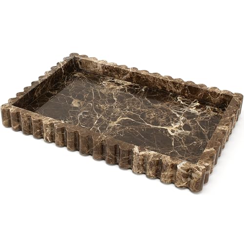 YMXYJM Natural Marble Tray for Bathroom, Real Stone Decorative Vanity Tray with Fluted Edge, Large Marble Serving Storage Tray for Kitchen Counter, Dresser, Home Decor, 11.8" x 8", Dark Brown - color: Dark Brown