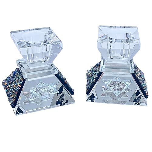 Tamara Baskin Art Glass – Handmade Crystal Shabbat Candle Holders Set - Sparkling Sky Blue (Glitzy Black) - color: Glitzy Black