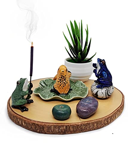 2" Dark Blue Frog On 4" Wide Lotus Leaf Ceramic Incense Stick Holder Artistic Collectible Figurine for Adult Collectors Interior Accent Gift Handcrafted Porcelain Home Room Decor