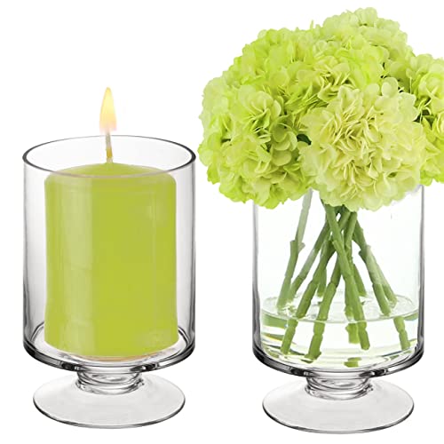 CYS EXCEL Glass Hurricane Pillar Candle Holders (H:6" W:3.75", 2 PCS) | Multiple Size Choices Short Stem Candle Jars | Stemmed Glass Cylinder Candle Vase - size: H-6" W-3.75"