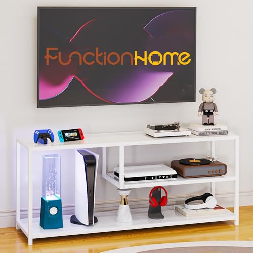 Function Home TV Stand for TVs up to 55 Inch, 3 Tier Entertainment Center, Media Console with Open Storage Shelves for Living Room Bedroom, 47” Modern TV Table with Wood Top White Metal Legs - color: 47" White