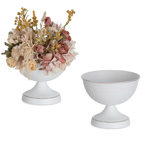 Sziqiqi Urn Vases for Wedding Centrepiece - 6in High White Metal Vase Set of 2 Small Vintage Flower Arrangement Pots for Table Centrepieces Elegant Hammered Vase for Christmas Anniversary Party - color: White, size: 5.9in - 2 Pc
