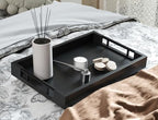 Fibogollo Bamboo Serving Tray with Metal Handles,15x10in Ottoman Decorative Trays Platter for Coffee Table,Living Room,Bar,Party,Medium(Black) - style: Black-Medium