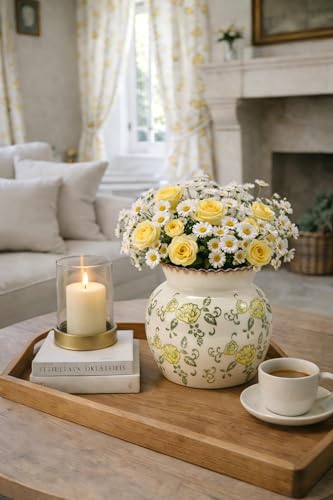 SIDUCAL Ceramic Yellow Rose Floral Vase with Wide Mouth Lace, 4.84 Inch Cracked Chinoiserie Rustic Farmhouse Vases, Pastoral Retro Vase for Home Decor, Table, Living Room, Bathroom, Shelf, Wedding - color: 18967-yellow Rose