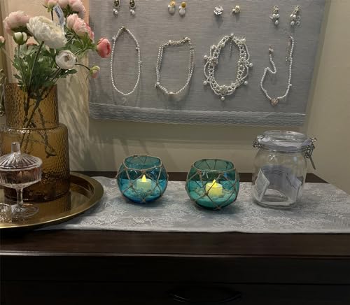 SAILINGSTORY Glass Fishing Float Tealight Candle Holder Nautical Coastal Beach Decor Teal and Blue Set of 2 Pack - color: Teal and Blue