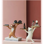 Surakey Resin Cartoon Cat Sculpture with Metal Tray Animal Statue Figurine Storage Tray Key Tray Sundries Candy Container Nut Tray Double Tray for Home Desk Decor Gift (Gray)