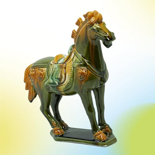 Handmade Tang Dynasty Tri-Color Horse Ceramic Sculpture - 19cm Traditional Chinese Cultural Art Decor - Symbol of Prosperity & Good Fortune - Perfect for Home, Office, Bookcase Shelf(Grass Green) - color: Grass Green