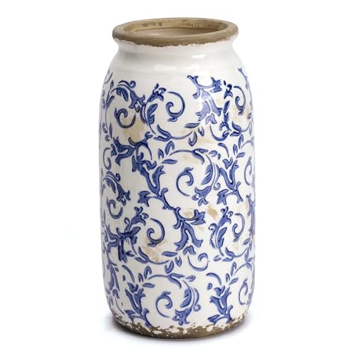 VICTOR & TERESA Rustic Blue and White Vase for Home Decor, Ceramic Vases for Flowers, Modern Farmhouse Decorative Vases for Pampas Grass,Table, Mantel, Living Room,Bookshelf, Centerpieces, 8'' - color: Blue and White, size: Medium-8''
