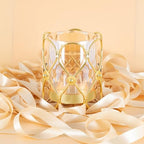 Hurricane Candle Holder, Gold Pillar Candle Holder with Geometric Decorative Accents & Windproof Glass Lid, Perfect for Weddings, Dinners, Parties & Special Events - size: 15cm