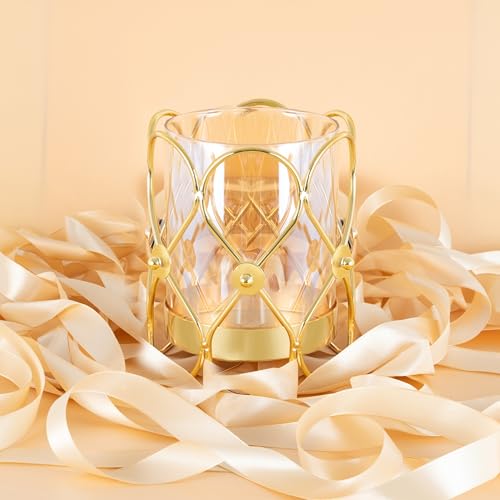 Hurricane Candle Holder, Gold Pillar Candle Holder with Geometric Decorative Accents & Windproof Glass Lid, Perfect for Weddings, Dinners, Parties & Special Events - size: 15cm