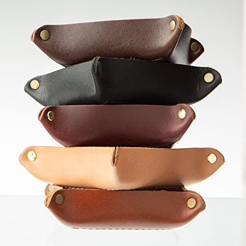 USA Handmade Premium Leather Valet Tray, Jewelry Organizer With Brass Rivets (Dark Walnut Brown, Mini) - color: Dark Walnut Brown, size: 2.5" x 2.5" x 1"
