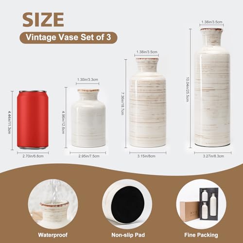 Vintage Ceramic Flower Vase Set of 3, Rustic Farmhouse Vase for Home Decor, Distressed Decorative Vase for Table Entryway Mantel Centerpiece Living Room Bathroom Bedroom (Linen Off-White) - color: 111-linen Off-white