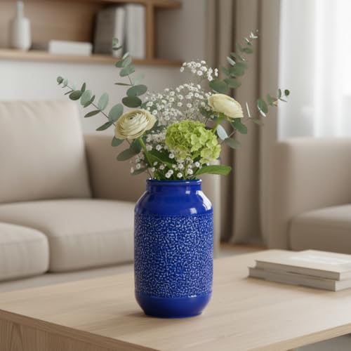 Blue Ceramic Flower Vase - 9 Inch Decorative Vase for Pampas Grass, Modern Texture Vase for Decor, Fireplace, Bathroom, Table, Shelf, Living Room, Kitchen Decor - color: Modern Blue