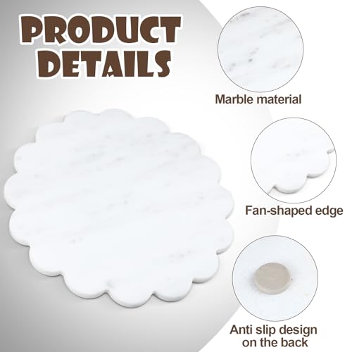 Newtay 12 Inches Marble Cutting Board Round Marble Tray White Scalloped Board with Non Slip Decorative Pastry Tray for Kitchen Pizza Cake Bread Baking Cheese Display