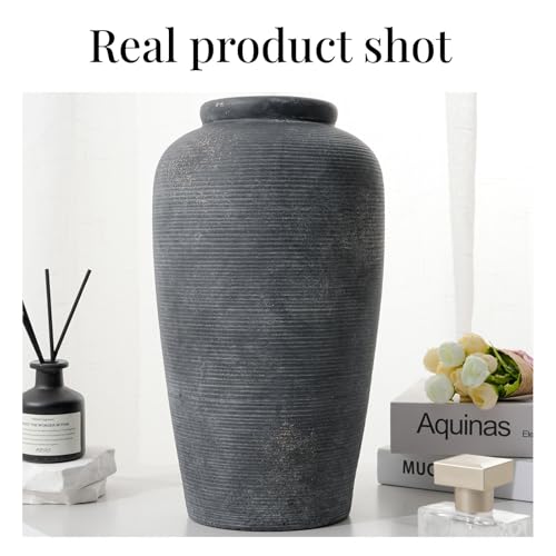 Rustic Distressed Ceramic Threaded Vase, 11"H Handmade Wabi Sabi Decor Vase (Deep Charcoal with Light Gray Weathering and Wheat Beige Patches) for Living Room Table Centerpieces, Entryway & Fireplace - size: 11 inch-A