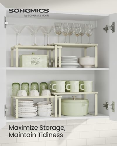SONGMICS Cabinet Organizer Shelf, Set of 2 Kitchen Counter Shelves, Kitchen Storage, Spice Rack, Stackable, Expandable, Metal and Engineered Wood, Cream White UKCS002W02 - color: Cream White, size: 11.7"W