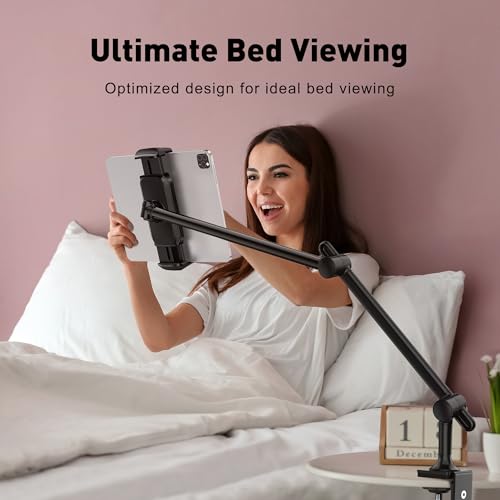 AboveTEK Tablet Stand Holder for Desk & Bed, Aluminum iPad Holder Arm with 360° Rotating Clamp, Adjustable Phone Stand Compatible with 4.7"-13.5" iPad Pro/Air/Mini, iPhone, Galaxy Tab- Black - color: Black