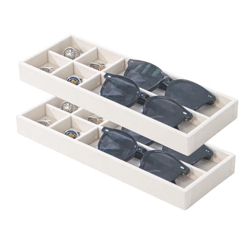 2Pcs Desk Drawer Storage Tray, Nightstand Organizer, Necklace Bracelet Ring Earring Jewelry Display, Grid Table Organizer Holder for Sunglass, Phone, Watch, Perfume (6 grid)/Beige - color: Beige, size: 6 Grid