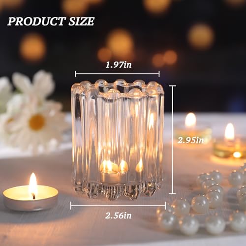 HAVITI Glass Clear Votive Candle Holder, Ribbed Votive Candle Holders Set of 12, Tealight Candle Holder for Wedding Centerpieces Dinner Party Table Decor - color: Clear
