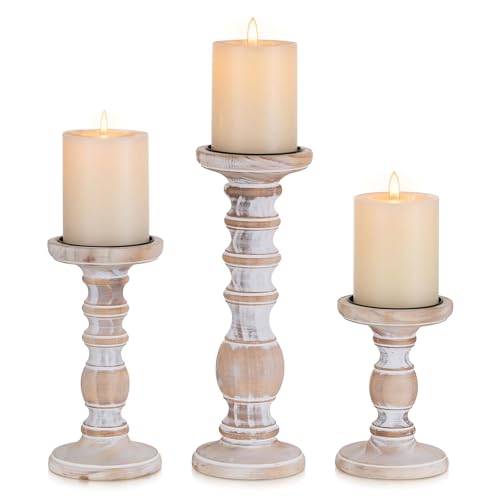 Wood Pillar Candle Holder: 3Pcs Rustic Candle Holders for Pillar Candles Wood Candle Holders Distressed Wooden Farmhouse Large Candle Holder Fireplace Table (Rustic White, 5.9", 7.87", 11") - color: Rustic White, size: 5.9", 7.9", 11"
