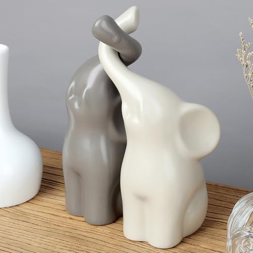 QINJIEJIE Elephant Statue Elephant Figurines Loving Gifts for Women Couples Ivory Wedding Anniversary Modern Ceramic Elephants Sculpture Lucky Elephants Ornament in Love - color: Beige & Grey