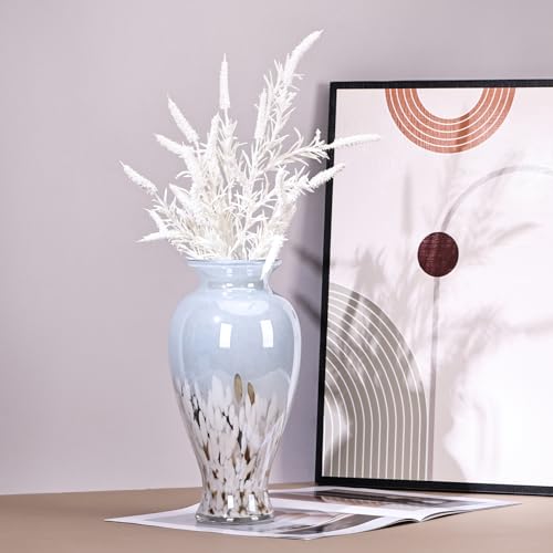 11.8" Tall Blue and White Glass Vase Beautiful Hand Blown Glass Vase Modern Art Home Decor, Wide Mouth Colorful Vases for Mantle Dining Table Centerpiece, Entryway Living Room Wedding Decoration - color: Blue White