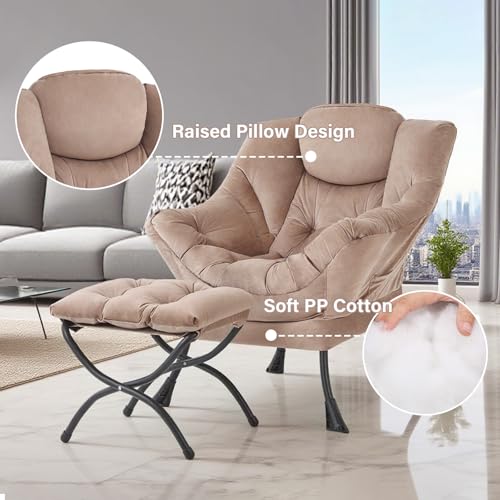 Tiita Lazy Chair with Ottoman, Khaki Modern Large Accent Chair, Comfy Leisure Sofa Armchair with Ottoman, Reading Chair with Footrest for Bedroom, Living Room, Dorm Rooms, Velvet Khaki - color: Khaki